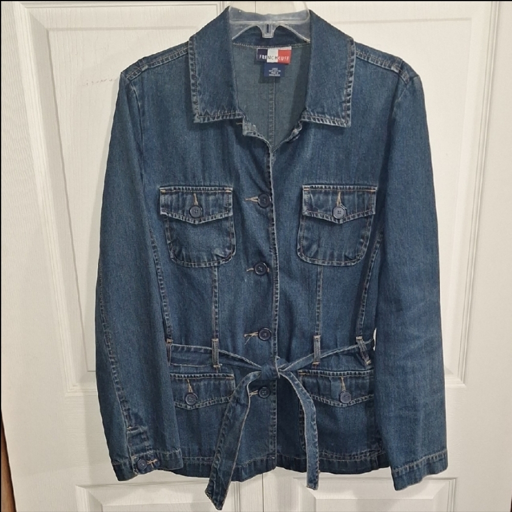 FrenchKuff Women's Jean Jacket-Dark Blue-Belted-L